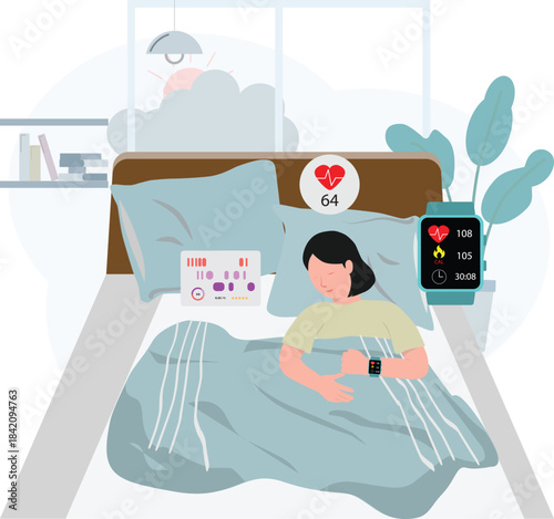 Flat vector illustration of a woman sleeping and tracking sleep data using a smartwatch. Includes icons for heart rate and sleep rate data. Modern pastel color palette background
