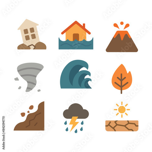 Flat Natural Disaster Icon Set – Earthquake, Flood, Volcano, Tornado, Tsunami, Wildfire, Landslide, Storm, and Drought Icons