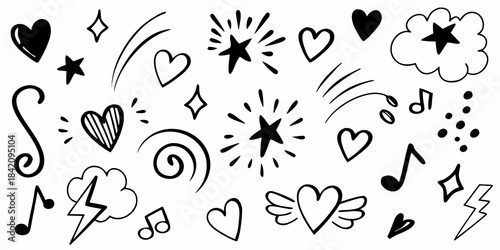 A collection of hand drawn doodle elements including hearts stars and musical notes