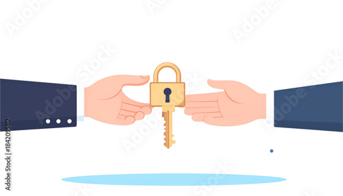 Business Hands Exchanging Golden Padlock and Key Illustration - Concept of Security, Ownership Transfer, Access Control, or Finding a Solution