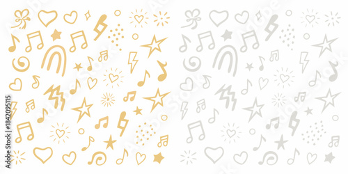 A delicate pattern of musical notes hearts and stars on a pale background