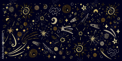Stylized illustration of celestial bodies stars and cosmic elements on a dark background