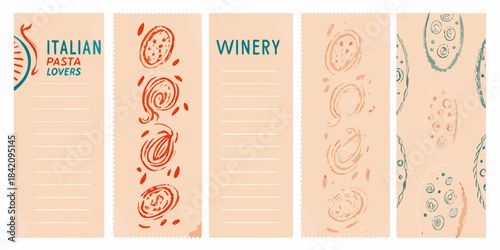 Colorful italian food themed bookmarks with pasta winery and doodle illustrations