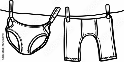 Line drying a black and white illustration of underwear and shorts