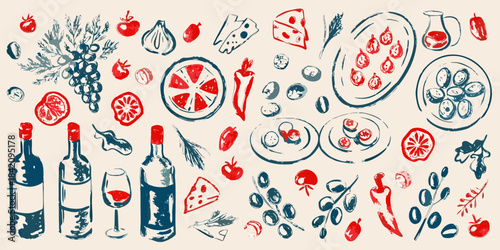 A colorful sketch of various food items including fruits wine and plates