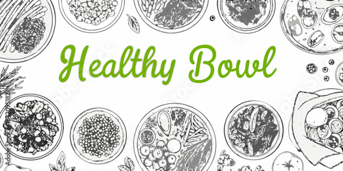 A collection of healthy bowls with various ingredients and leafy greens