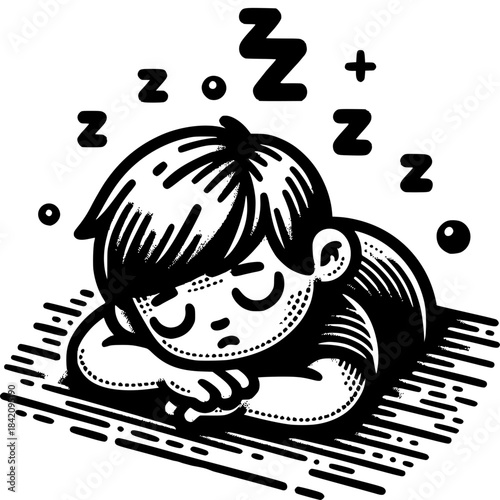Dreamland Reverie: A cartoon illustration captures a sleeping child, lost in peaceful slumber, showcasing a moment of tranquility and rest.