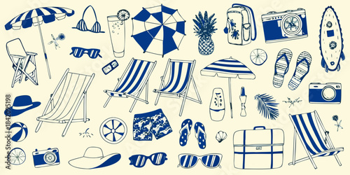 Summer vacation essentials beach umbrellas chairs and tropical items illustration