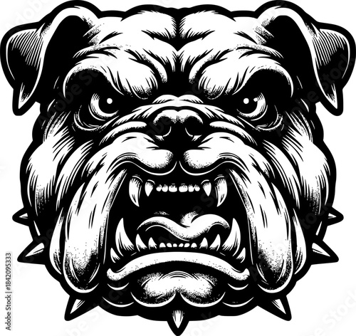 Bulldog’s fierce gaze : A detailed artistic sketch portrays the intimidating head of a bulldog, its determined expression and commanding posture reflecting strength and courage.