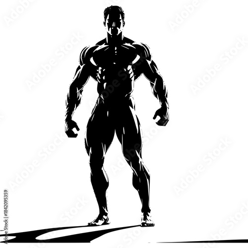 Power and Physique: A strong and muscular form, captured in a stark monochrome silhouette, projects an aura of power, strength, and dedicated fitness.