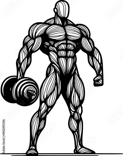 Sculpted Strength: An illustration of a muscular figure in a dynamic pose, holding a dumbbell. This artwork captures the essence of human anatomy and the dedication to physical fitness.