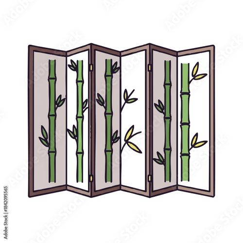 Illustration of a four-panel folding screen with a bamboo and dragonfly design on a white background.