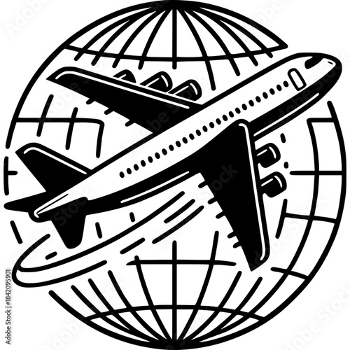 Global Flight Symbol: A sleek airplane soars across a stylized globe, symbolizing international travel, adventure, and global connectivity, capturing the essence of exploration and discovery.