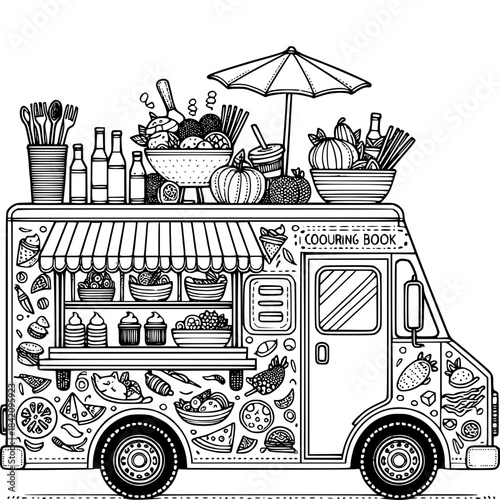 Gourmet Food Truck Illustration: An artistic illustration of a vibrant food truck, adorned with detailed depictions of culinary delights and an array of fresh ingredients.