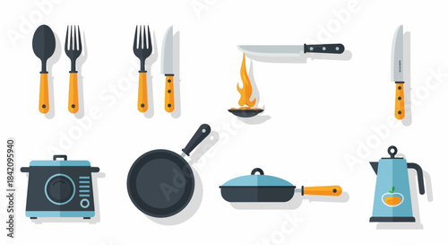 Flat design vector set of kitchen utensils and cooking appliances, including a pan, kettle, stove, and cutlery with orange handles.
