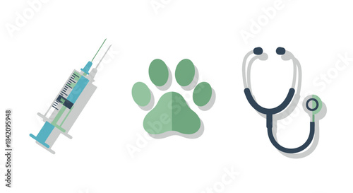 Flat design veterinary icons - syringe, green paw print, and stethoscope for animal health.