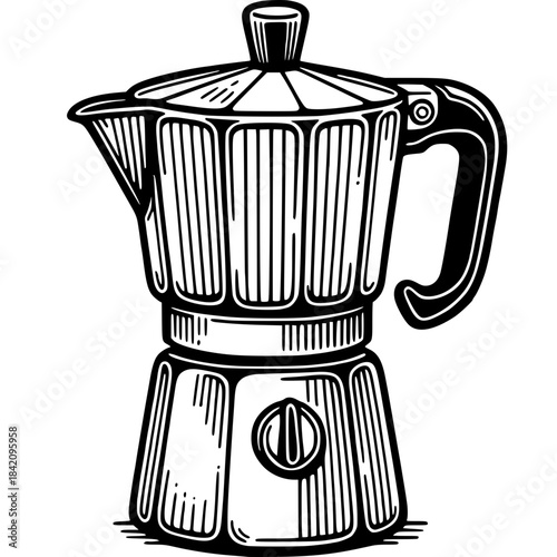 Moka Pot: Classic Italian moka pot, iconic symbol of morning ritual and delightful espresso, capturing a vintage yet contemporary aesthetic.