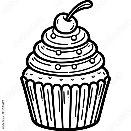Cupcake Delight: A delightful cupcake with an elegant swirl of icing, crowned with a single, perfectly ripe cherry. A symbol of sweet indulgence and joyous moments. 