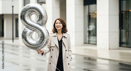 International Women's Day, happy woman holds number eight balloon in city, festive celebration, joyful urban moment, modern holiday spirit, stylish female, spring happiness