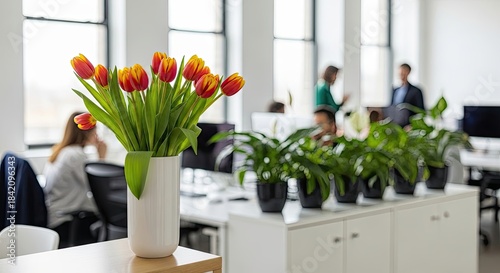 International Women's Day: tulips in office, celebrating team and professional spirit