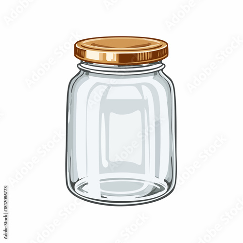Hand-drawn empty glass jar with golden lid, suitable for canning or storage needs