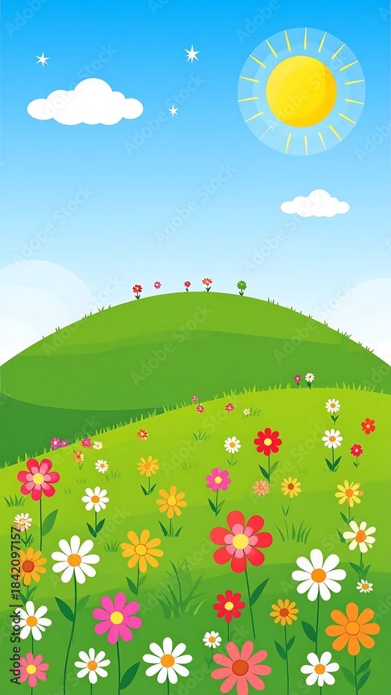 Fototapeta premium Cartoonish illustration of sunny meadow with rolling green hills