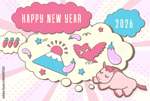 2026年午年年賀状　一富士二鷹三茄子の楽しい初夢を見ているかわいい馬のデザイン