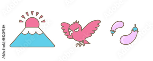 かわいい一富士二鷹三茄子のイラスト