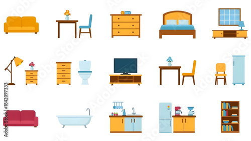 Collection of various colorful furniture icons