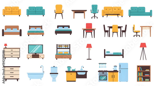 Collection of various colorful furniture and home decor items
