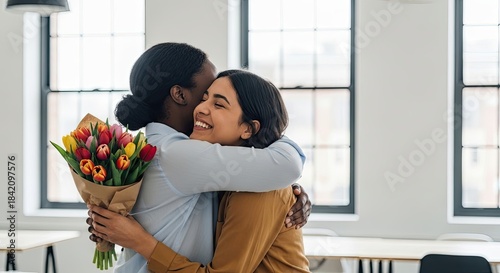 Diverse women hug with tulips, celebrating International Women's Day with joy, friendship, and gratitude
