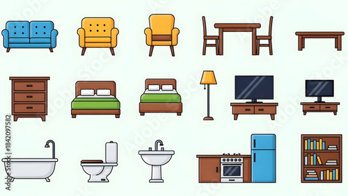 Collection of various household furniture and appliances on light green background