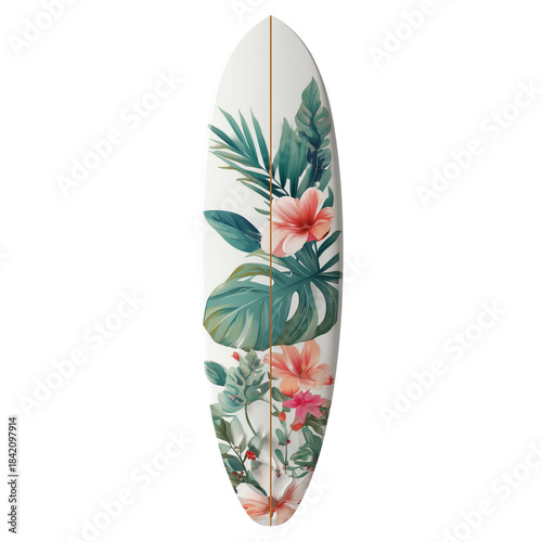 Tropical floral pattern surfboard with vibrant green leaves and pink flowers isolated on transparent background
