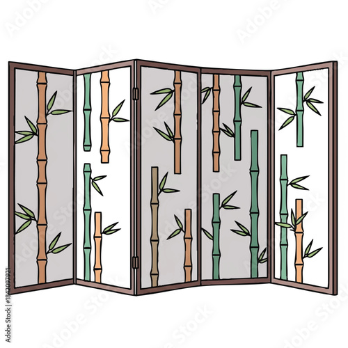 A four-panel room divider with minimalist Chinese decorations featuring bamboo and leaf designs on a light gray background.