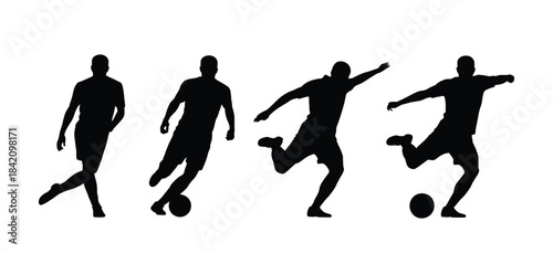 Silhouettes of soccer players in dynamic kicking poses