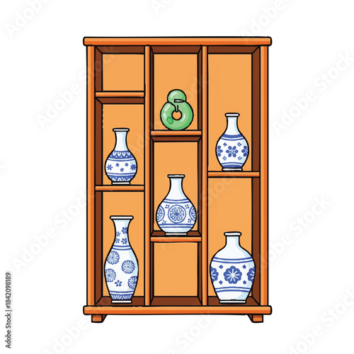 Illustration of a wooden shelving unit with various blue and white vases and a green decorative item on a white background, featuring minimalist Chinese decorations.