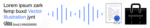 Digital security, identity verification, data authentication, certification processes, business management, conceptual graphics. Soundwave, certified document professional briefcase. Digital