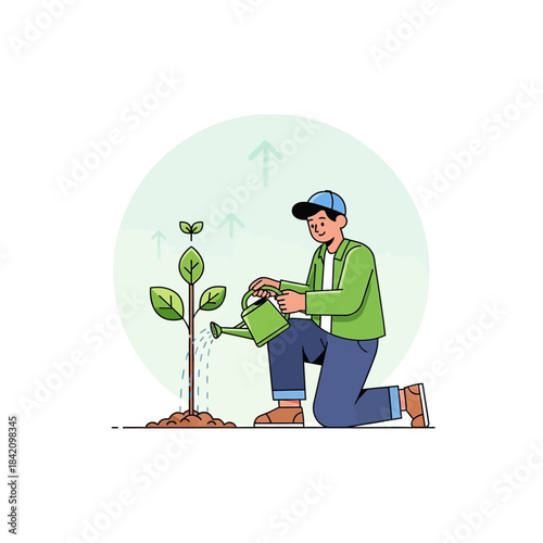 A man kneeling and watering a small plant, symbolizing growth and care.