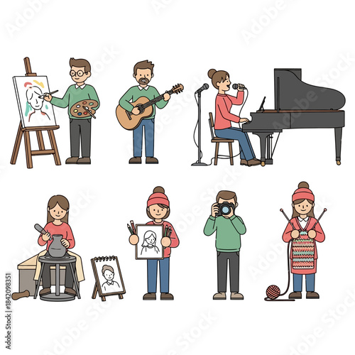 A collection of diverse people engaging in various creative hobbies and artistic activities like painting, music, pottery, drawing, photography, and knitting.
