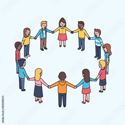 A diverse group of cartoon people, including children and adults, holding hands in a circle, symbolizing unity and community.