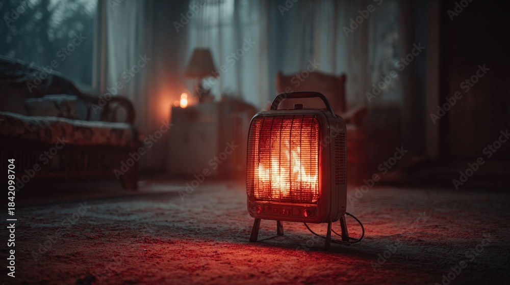 Obraz premium A vintage space heater glowing in a cozy bedroom. Cozy, warm, and inviting ambiance is created, with soft light and comforting feel. ..Created with Generative AI, not depicting real subjects.