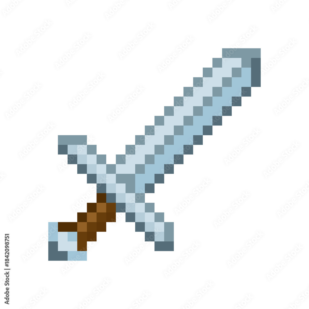 Fototapeta premium Pixel art sword featuring a brown hilt and a blue/silver blade. This retro 8-bit melee weapon is a game inventory item or RPG icon, isolated against a black background.