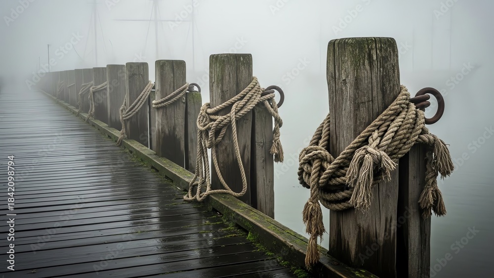 Fototapeta premium Foggy wooden pier with nautical ropes