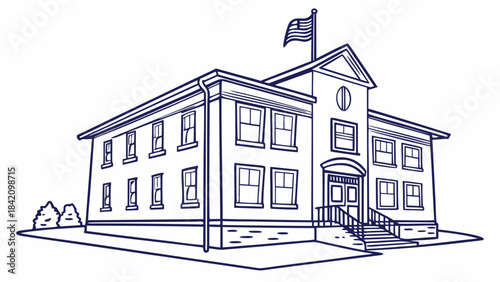 A classic american school building with an american flag flying proudly on top and a welcoming entrance with stairs and railings