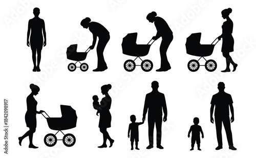 A collection of black silhouettes depicting various family and parenting moments silhouette