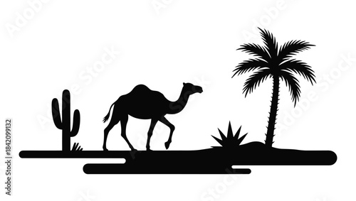 Desert silhouette illustration with camel, cactus, palm tree, and arid landscape design