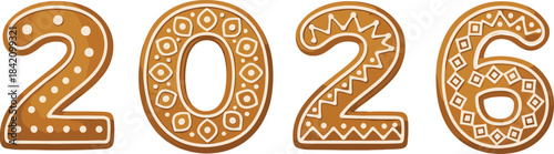 Gingerbread cookie style 2026 numbers decorated with icing, festive Christmas and New Year holiday illustration for seasonal designs