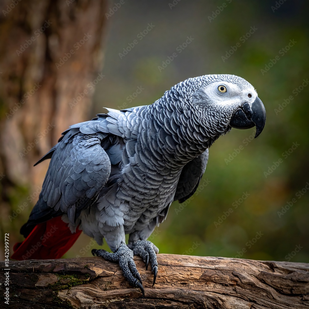 Obraz premium A regal grey bird perched on a branch, featuring striking red tail feathers and a sharp beak
