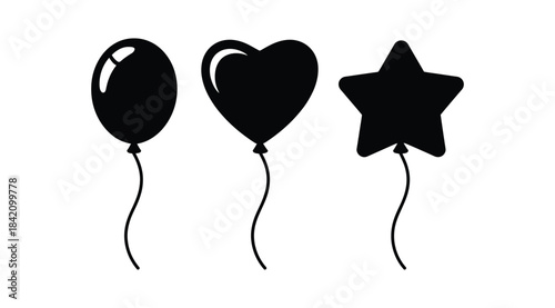 Black balloons in shapes of star, heart, and sphere