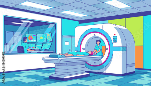 MRI Scan Procedure in Modern Medical Imaging Room (Vector Illustration)